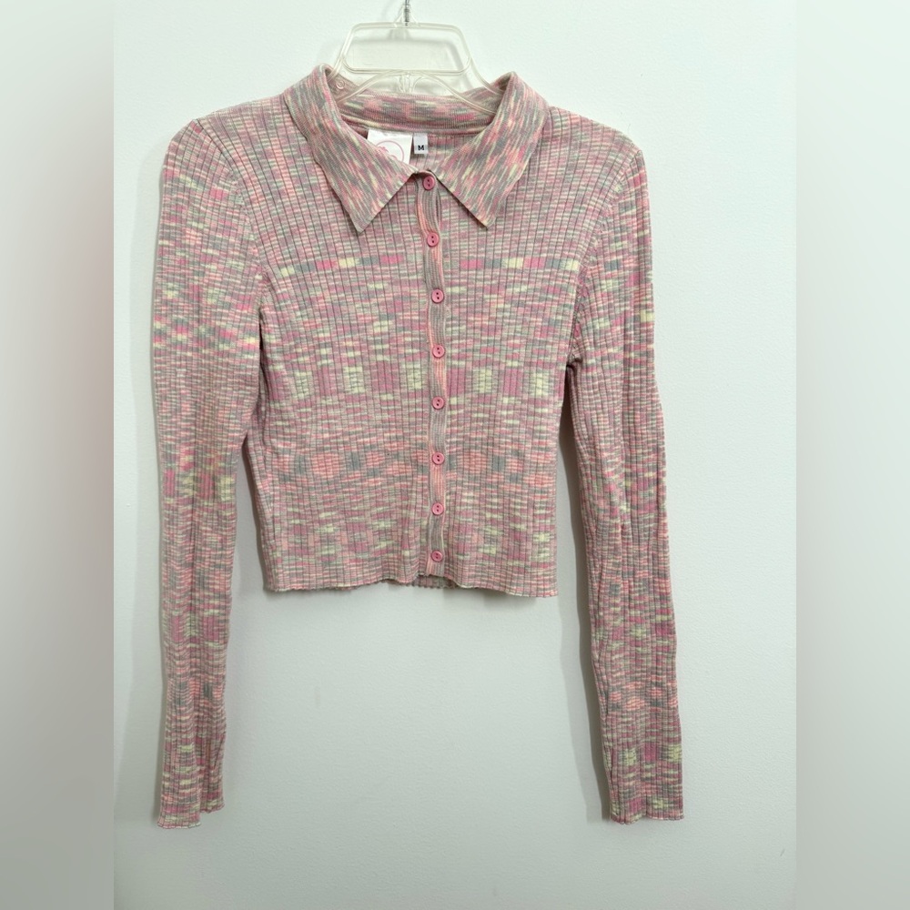 Happy Place medium-sized pink and gray striped polo top
